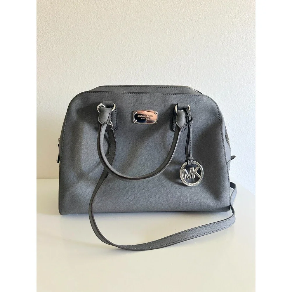 Michael Kors Saffiano Large Dome Satchel Purse Gray Crossbody Detachable Strap